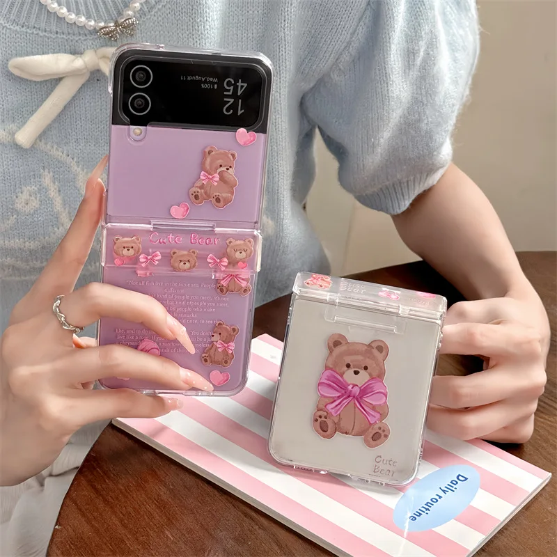 

Transparent Cartoon Teddy Bear Phone Case for Samsung Galaxy Z Flip 6 5 4 3 Protective Back Cover for ZFlip4 ZFlip5 ZFlip6 Shell