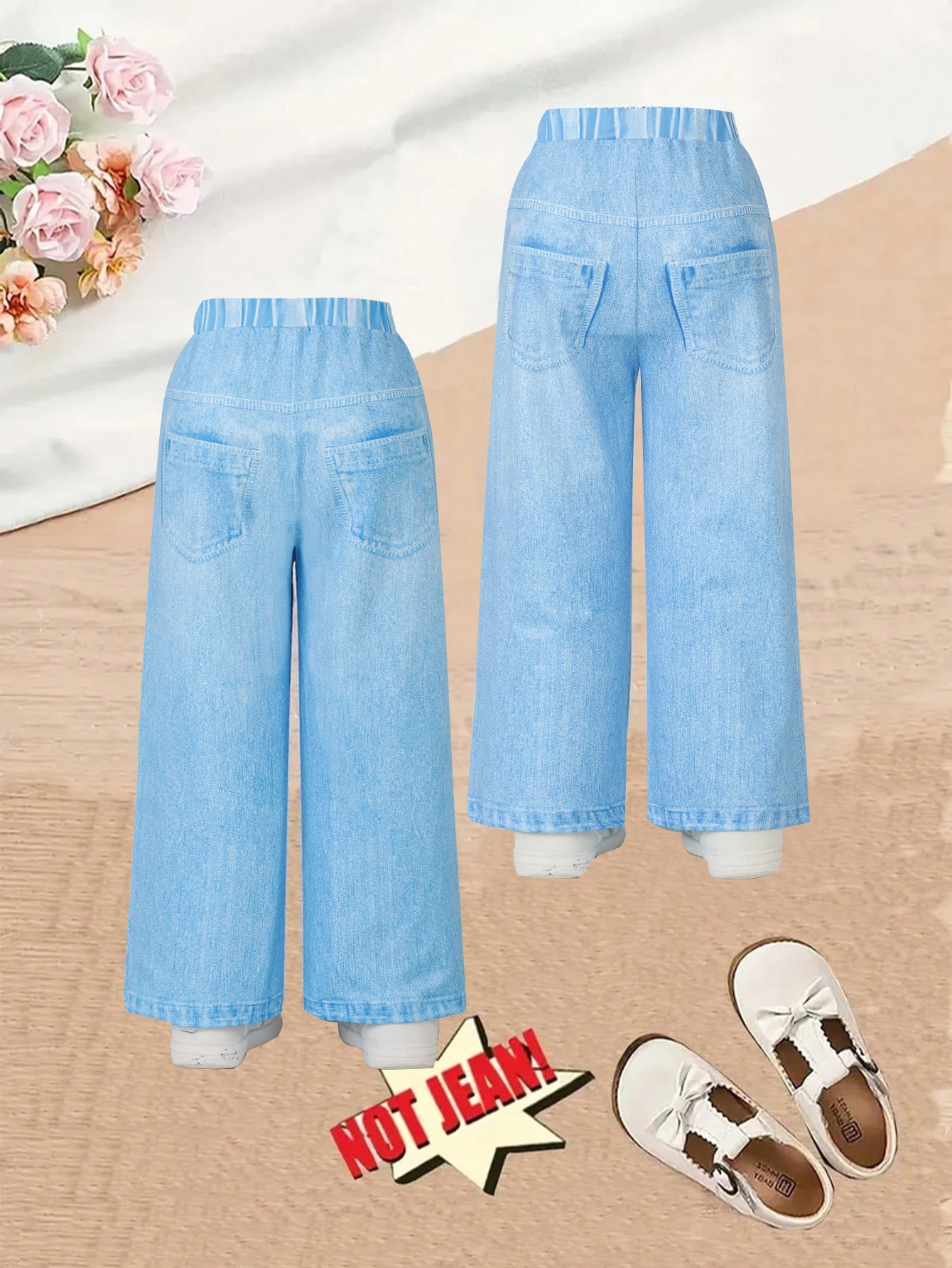 2pcs Girls Light Blue Denim-Look Wide Leg Pants, 4-7Y, Cartoon Graffiti Print, Sweet Daily/School Wear, Breathable Fabric