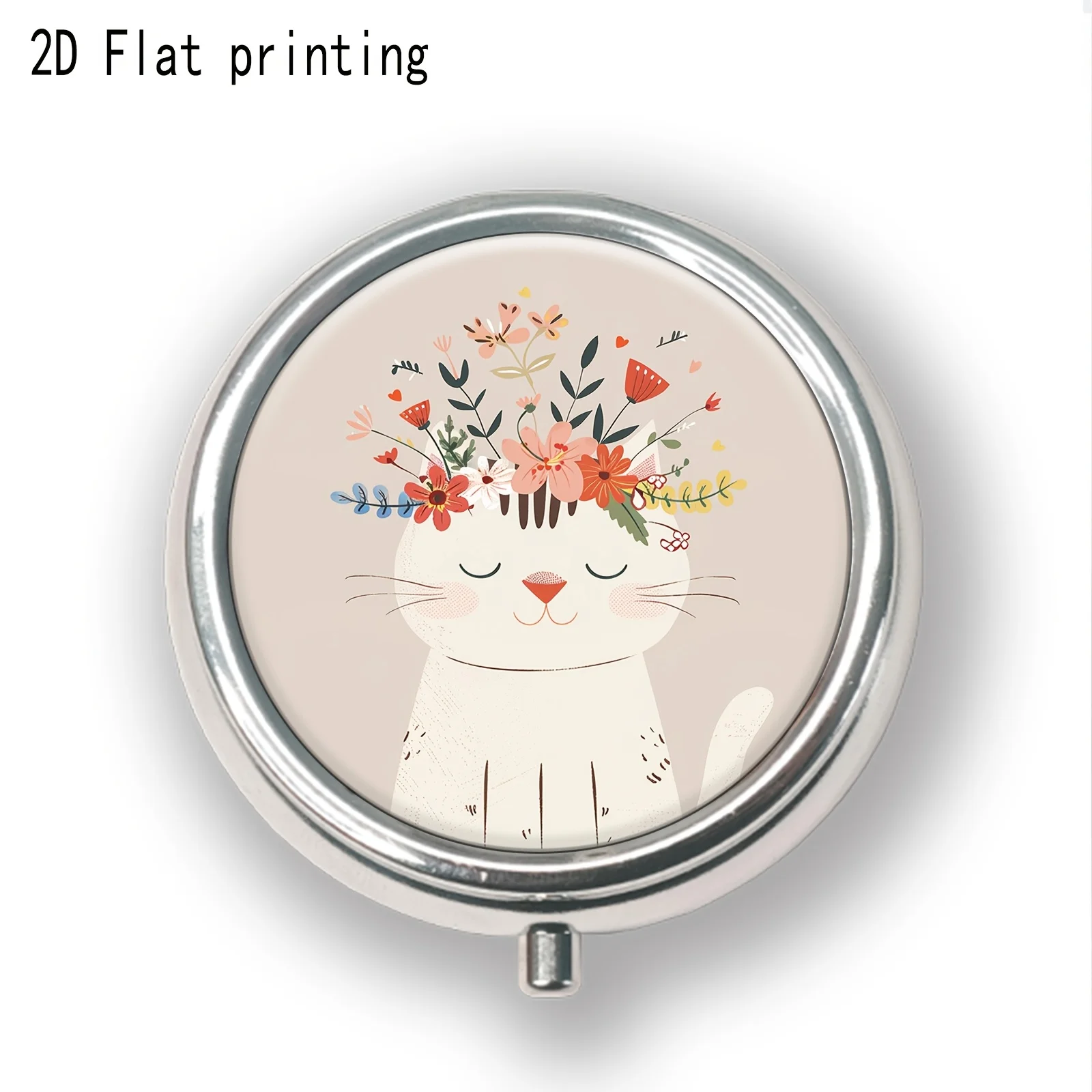 Pill Box with Floral Wreath and Cat Illustration, Simple and Cute, Made of Metal, Suitable for Various Occasions, Practical Gift, Lightweight, Convenient, Exquisite, Easy to Use, Compartmentalized, Small Pill Box, Ideal for Long Trips, Gift-Giving, Personal Use, and General Gift-Giving Purposes