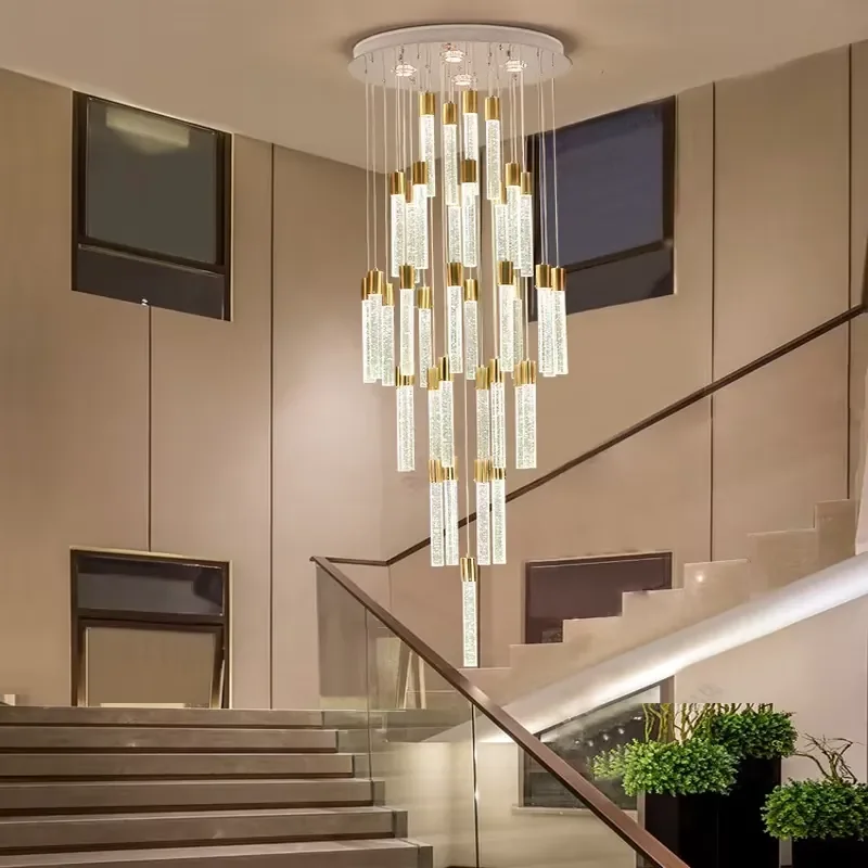 SAA Certification Custom Design Villa Staircase Golden 120W LED Aluminum and Crystal Chandelier 3 Color Lighting for