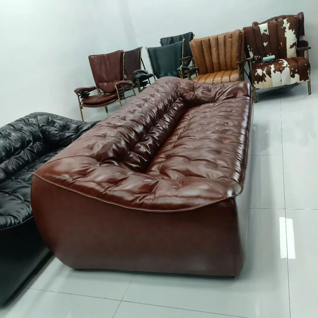 

New light luxury retro oil wax leather sofa villa antique sofa living room three people straight row small apartment bean