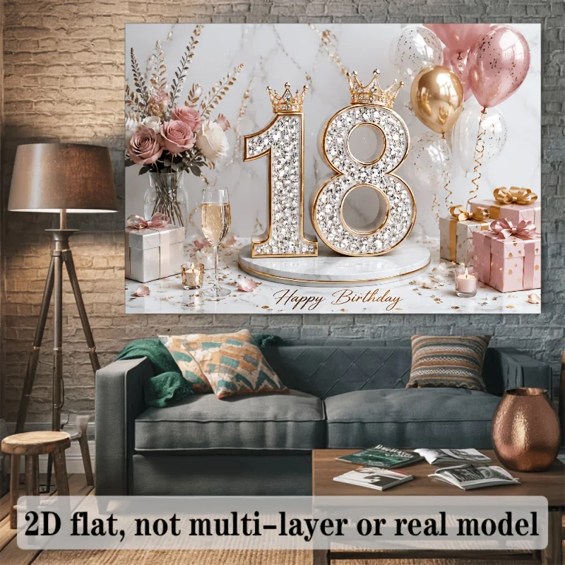 18th Birthday Diamond Number Crown Rose Gold 2D Flat Tapestry Backdrop For Teen Party Photo Booth Celebration Wall Hanging Art