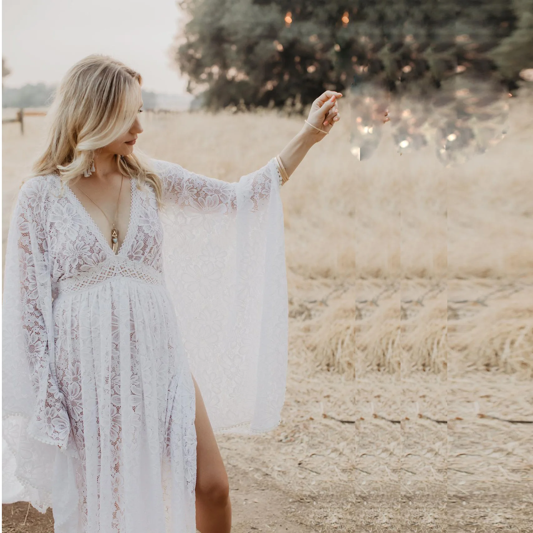 European And American Beach Lace Maternity Photoshoot Long Dress Drawstring Floor-Length Pregnancy Photography Dress 1167