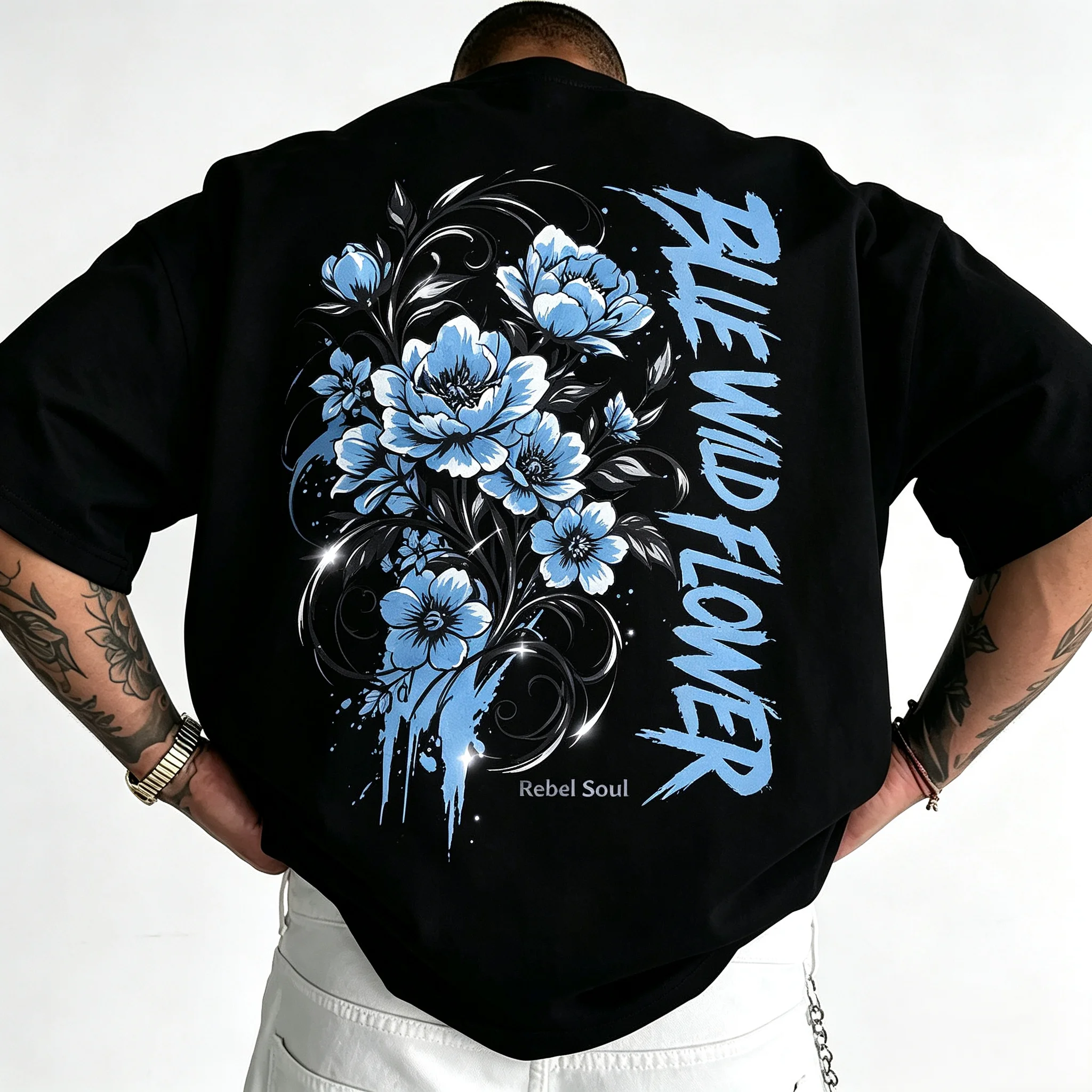 Unisex Blue Wild Flower Graphic T Shirt Men Vintage Black Oversized Tee Women Gothic Floral Hip Hop Streetwear Back Print Short Sleeve T-shirt