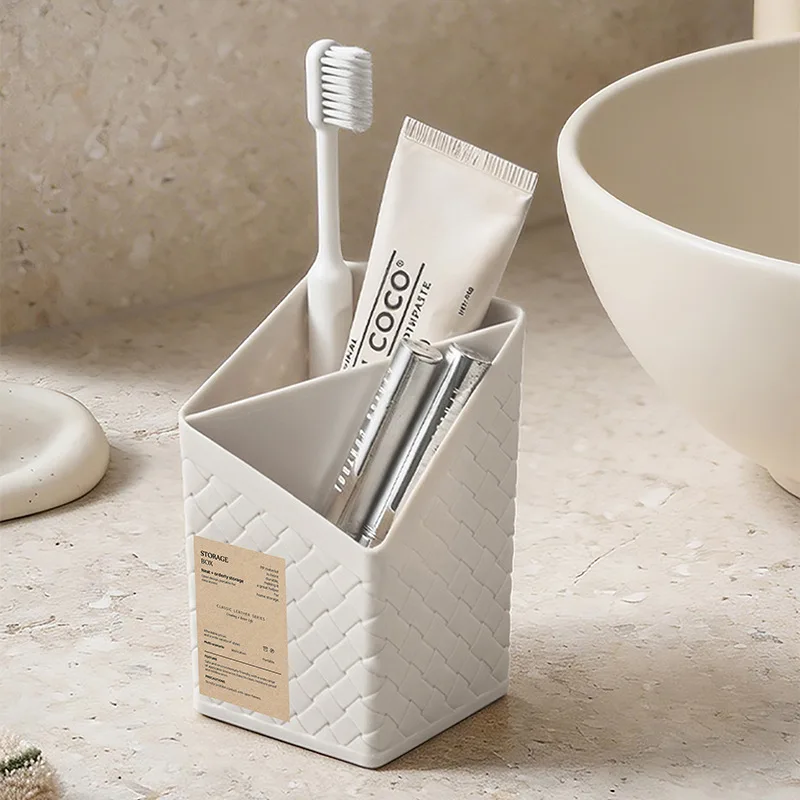 Diagonal Dual Grid Weave Pen Holder, Multifunctional PP Desktop Organizer for Makeup Brushes