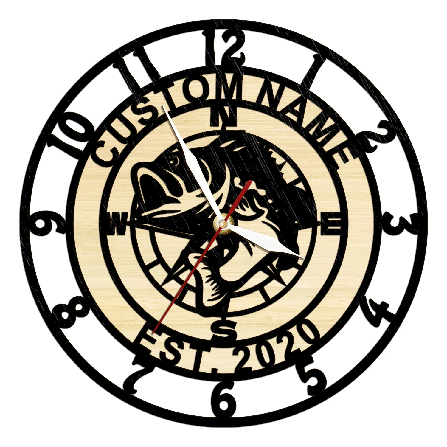 Personalized Name Bass Fish Compass Rose Wooden Wall Clock for Fisherman Man Cave Custom Nautical Home Decor Timber Wood Clock