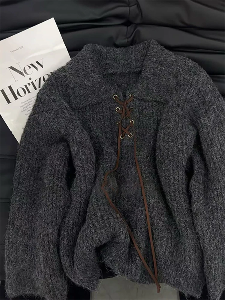 Sweter retro z kołnierzykiem, sznurowany, w stylu koreańskim, z długim rękawem, gruby, dzianinowy, jesienno-zimowy, luźny, termiczny, damski pulower