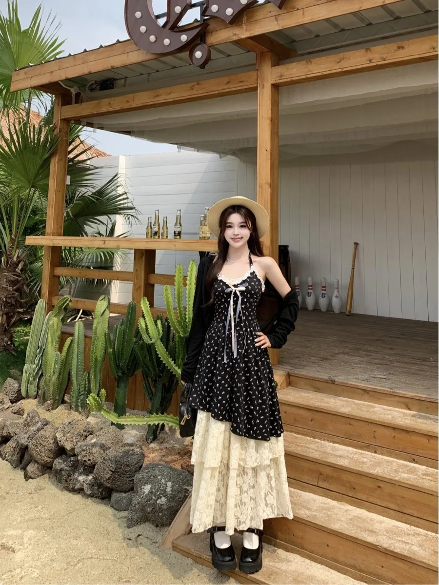 

plus Size Sweet Desire Waist Cinching Dress Summer New Lace Splicing Design Trendy Floral Halter Dress Set Korean Style Loose...