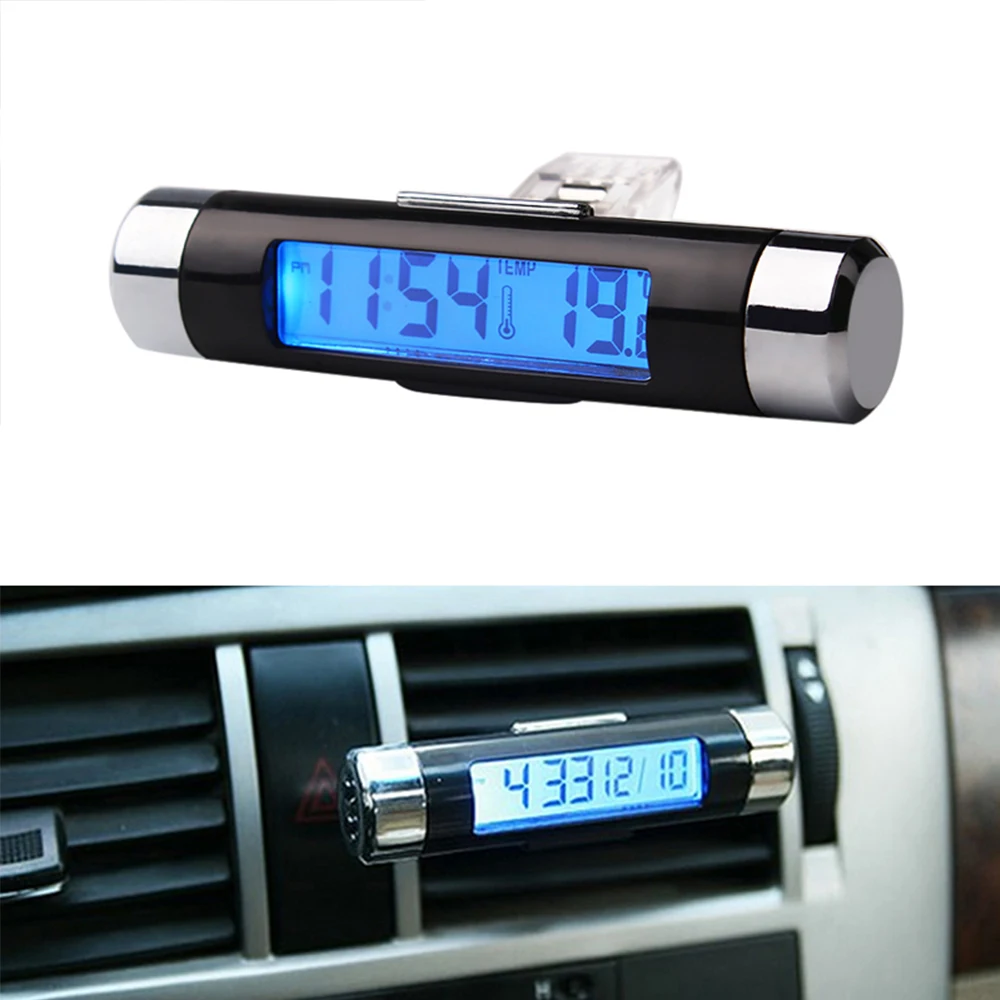 2 in 1 Auto Accessories Air Vent Outlet Thermometer Car Digital Time Clock LCD Display Screen Clip On Blue Backlight