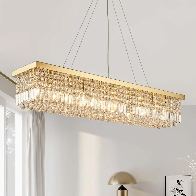 7PM Rectangle K9 Crystal Chandelier Modern Gold Crystal Chandelier Rectangular Pendant Lighting Fixture L47'' x W10'' x H10''