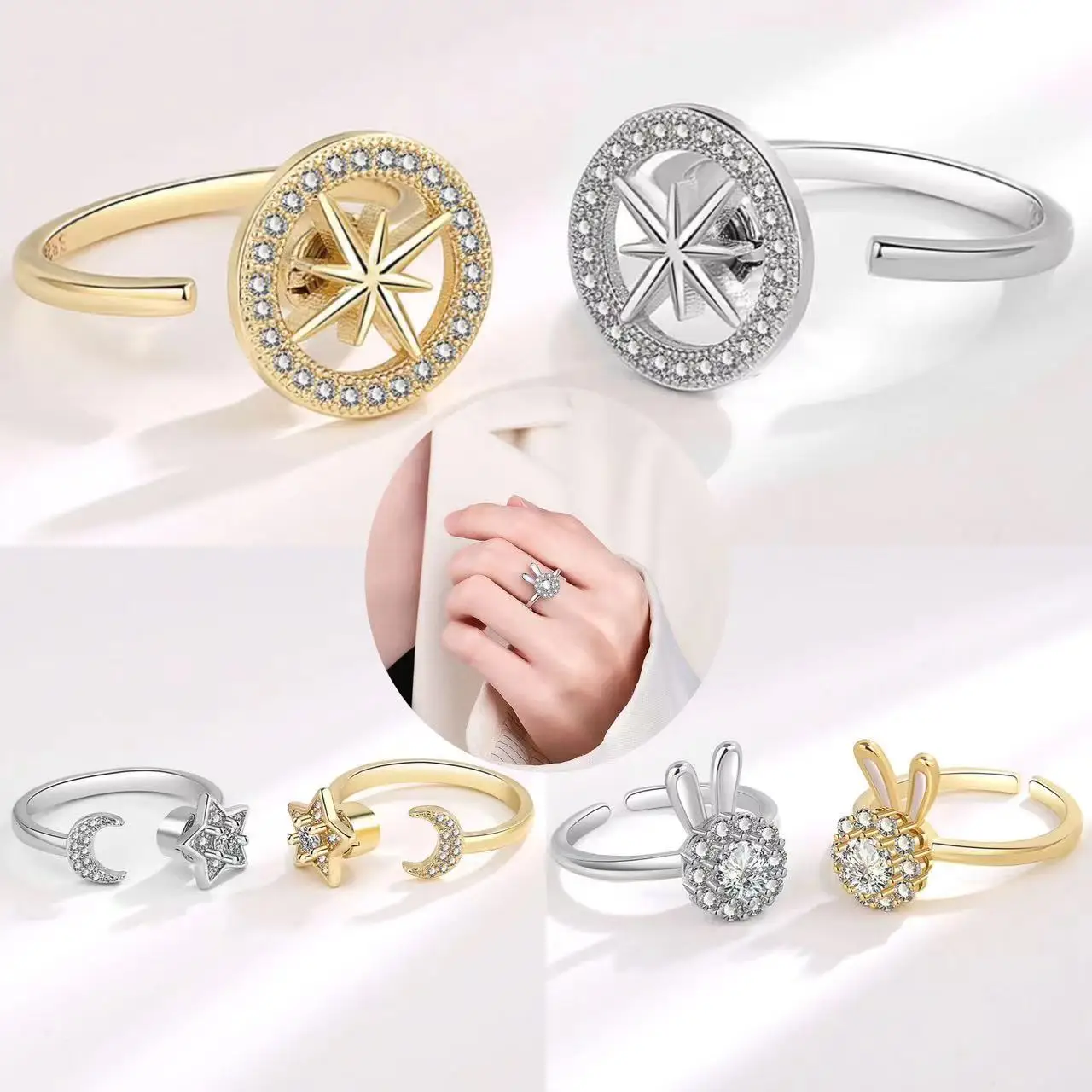 Anillo de pareja con hexagrama brillante, Spinner de ansiedad, anillos abiertos ajustables para mujer, accesorios de ropa, anillos dorados para pareja