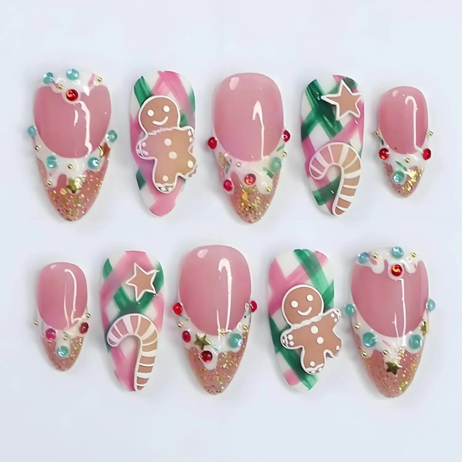 Christmas French Tip Press on Nails Medium Almond Christmas Fake Nails with Designs Cute Gingerbread Men Winter Xmas False Nails