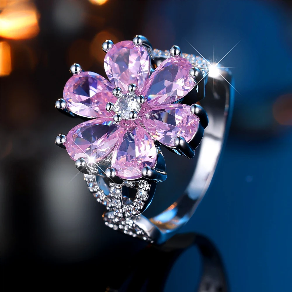 Trendy Pink Zircon Crystal Flower Vintage Silver Color Wedding Bands Engagement Rings For Women Men Minimalist Jewelry