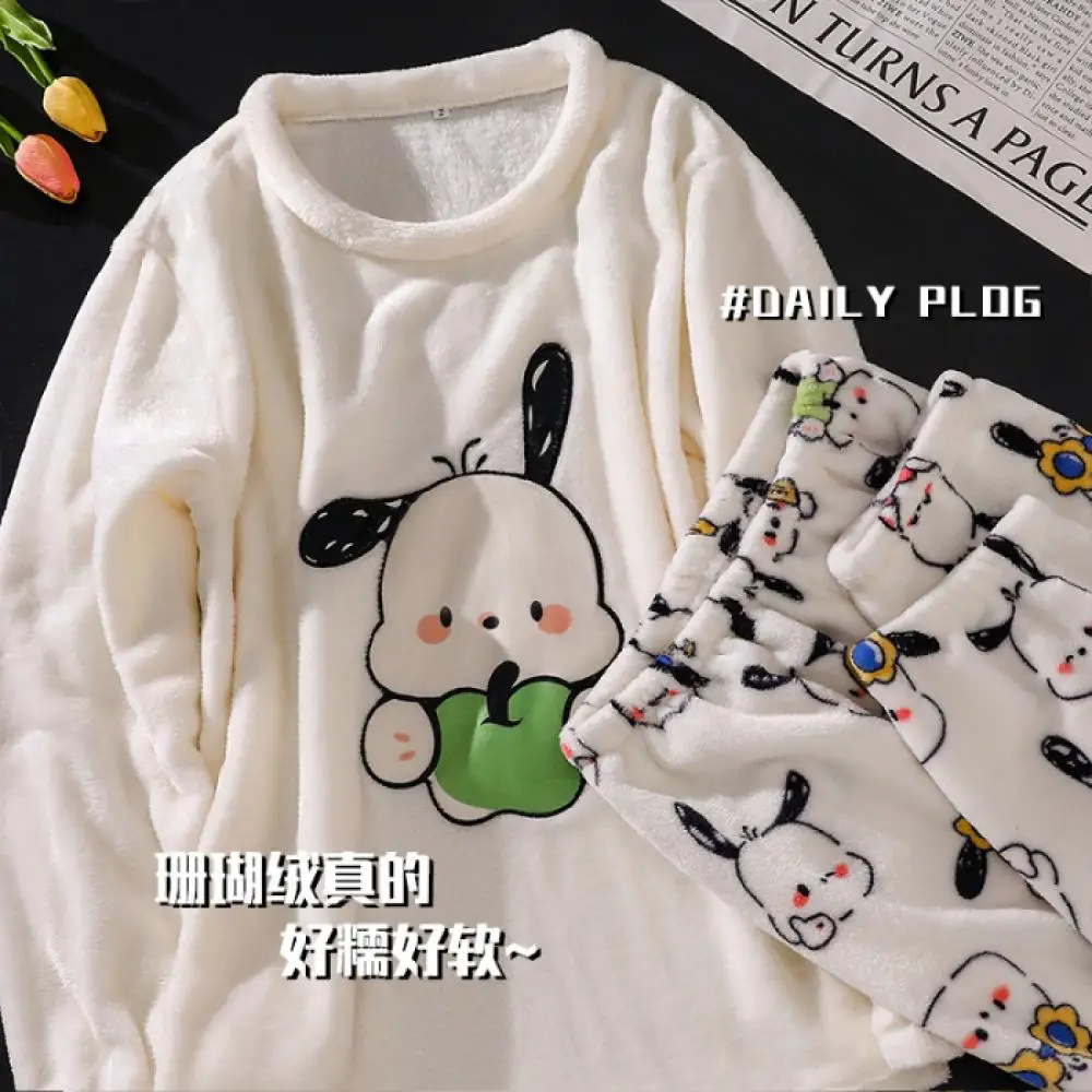 Cartoon Pochacco Coral Fleece Pajamas Set Sanrioed Anime Kawaii Spring Women Plush Homewear Cute Girl Student Loose Warm Clothes