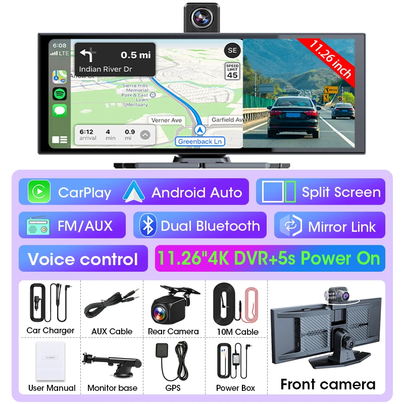 11,26 inch Dash Cam Auto DVR 4K Camera Draadloos Carplay Android Auto Touchscreen Dual Len Videorecorder Dashboard BT FM AUX GPS