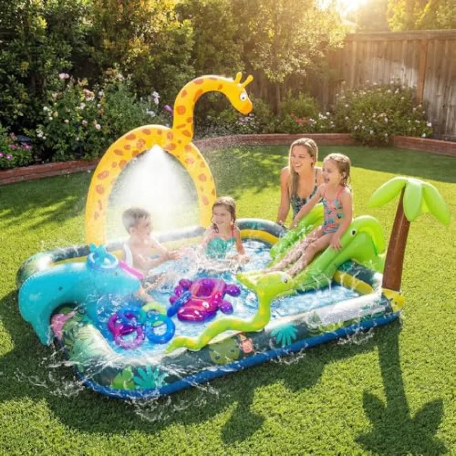 Outdoor inflatable jungle animal play center for backyard and garden use, PVC material, blue-green color, includes slide and wa