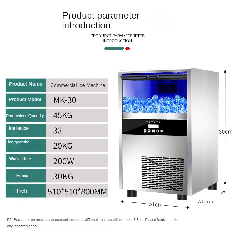 Fully Automatic Commercial Square Ice Machine 45KG/68kg/100kg Per Day, Milk Tea and Bar Universal