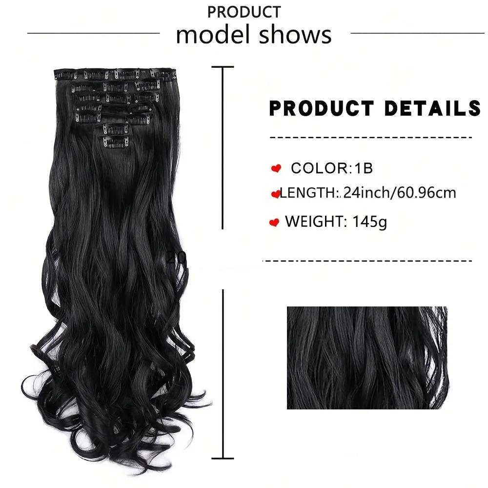 7pcs 24inch Wavy Clip-In Hair Extensions Set for Women - High-Quality Synthetic Fiber , Ponytail Hair Extensions