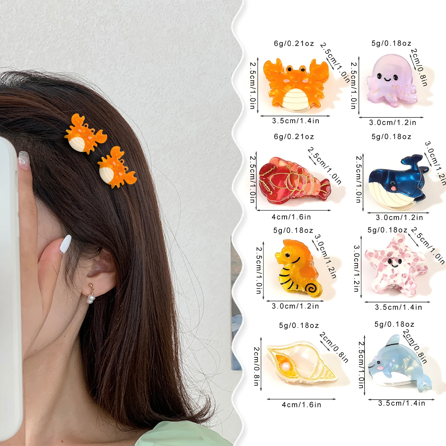 2PCS Acetate Ocean Animal Hair Clips for Women Non-Slip Summer Beach Accessories Crab Starfish Whale Multi-Pack Gifts