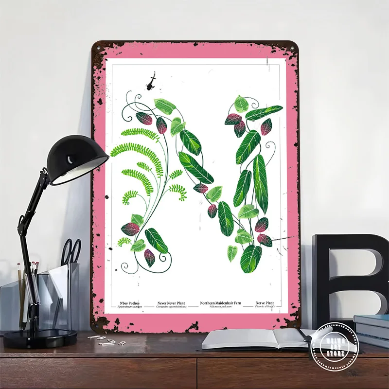 Botanical Illustration of the Letter 'N' Poster Retro 3D Printed Metal Signs Customized Wall Hanging Gift for Vintage Decoration