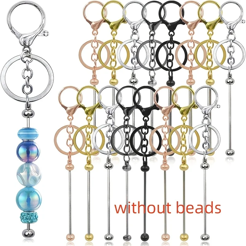 32pcs Blend Color  Blank Beadable Key Rods Metal Key Rings DIY Homemade Beaded Keychain Making Craft Accessories Bulk Supplies
