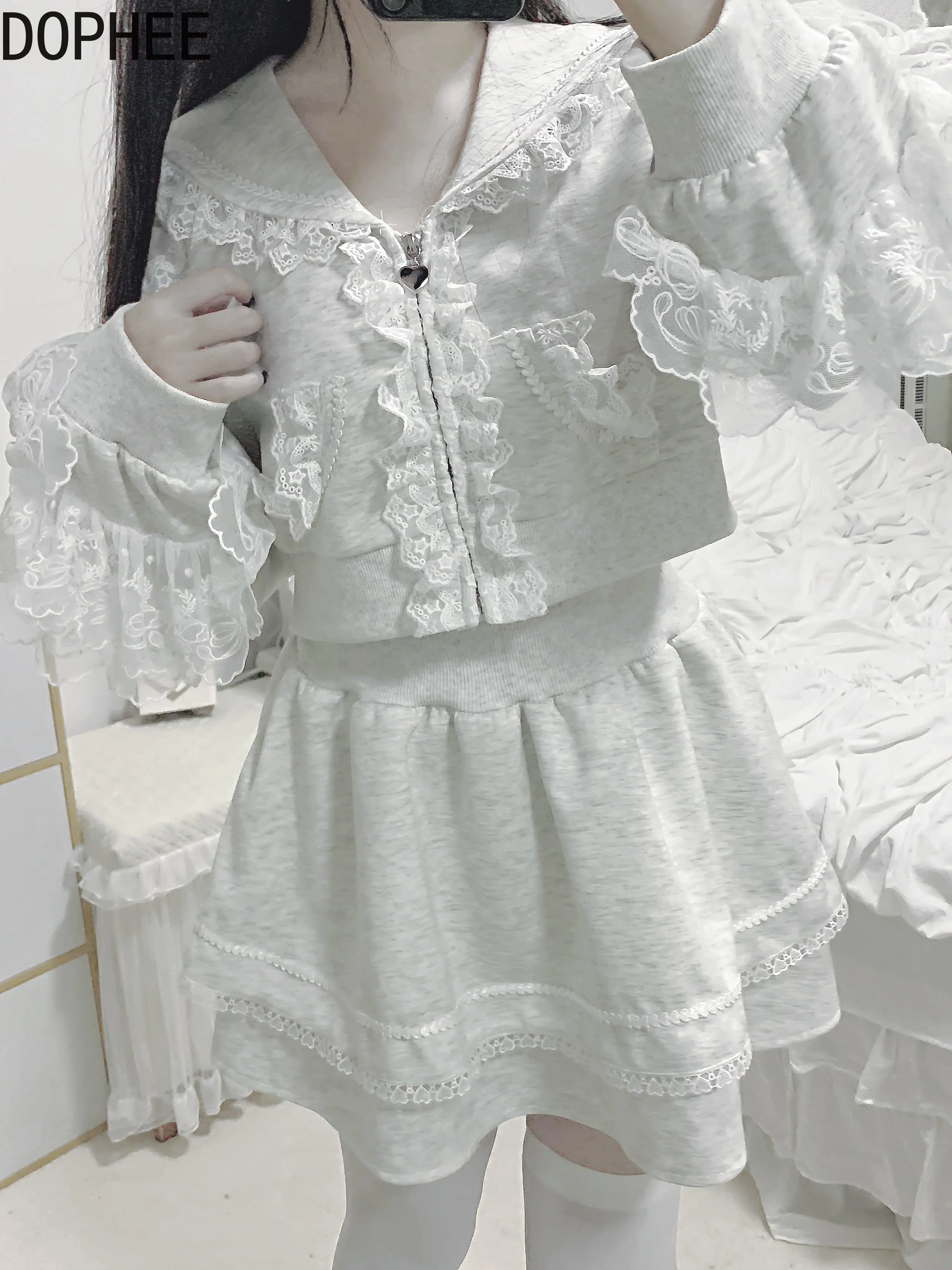 

Japanese Original Lolita Sports Two-piece Set Cute Lace Navy Collar Zip Cardigans Short Jacket Elastic High Waist A-line Skirts