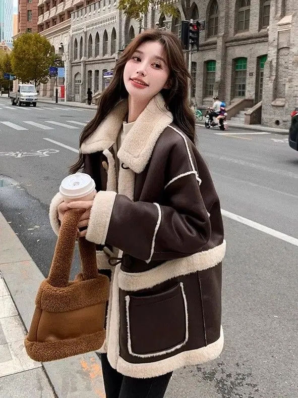 

Women's Vintage Faux Suede Shearling Coat Winter Thick Warm Plush Lined Trench Jacket
