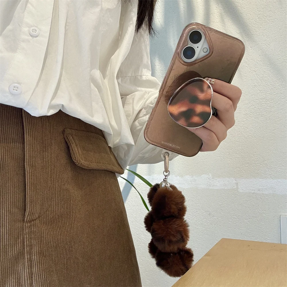 Luxury Amber Tortoiseshell Plush Bracelet Phone Holder Case For iphone 16 15 14 12 13 Pro Max 11 INS Korea Girl Gift Soft Cover