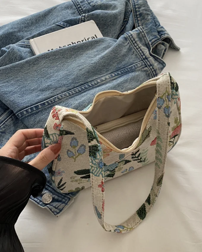 Vintage Floral Shoulder Bag for Women French Retro Underarm Purse Cute Casual Tote Handbag