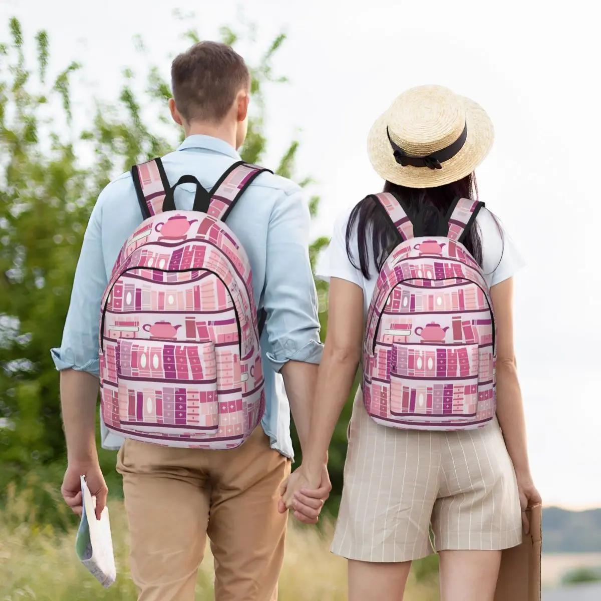 Pink Bookcase Pattern Romance Tea Books Student Backpack School Bag Hiking Travel Daypack for Boys Girls Bookbag Shoulder Bags