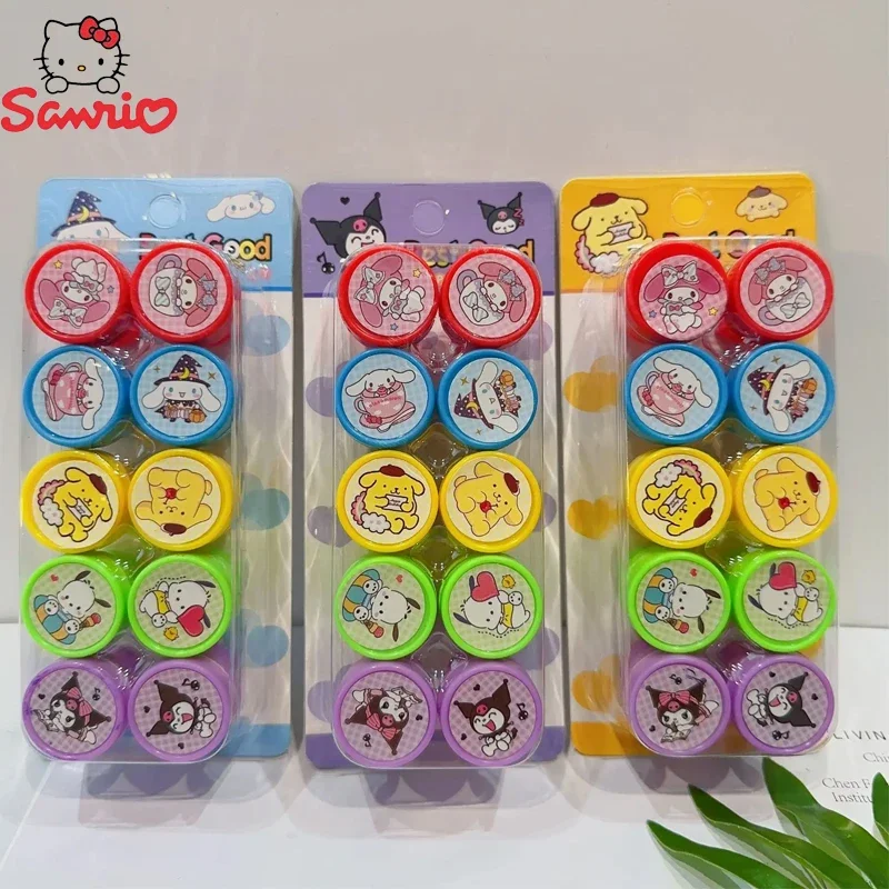 Anime 10 buah/set cap tinta sendiri Sanrio mainan anak-anak cap Album foto lukisan Diy segel wajah elastis Melody Hello Kitty Kuromi