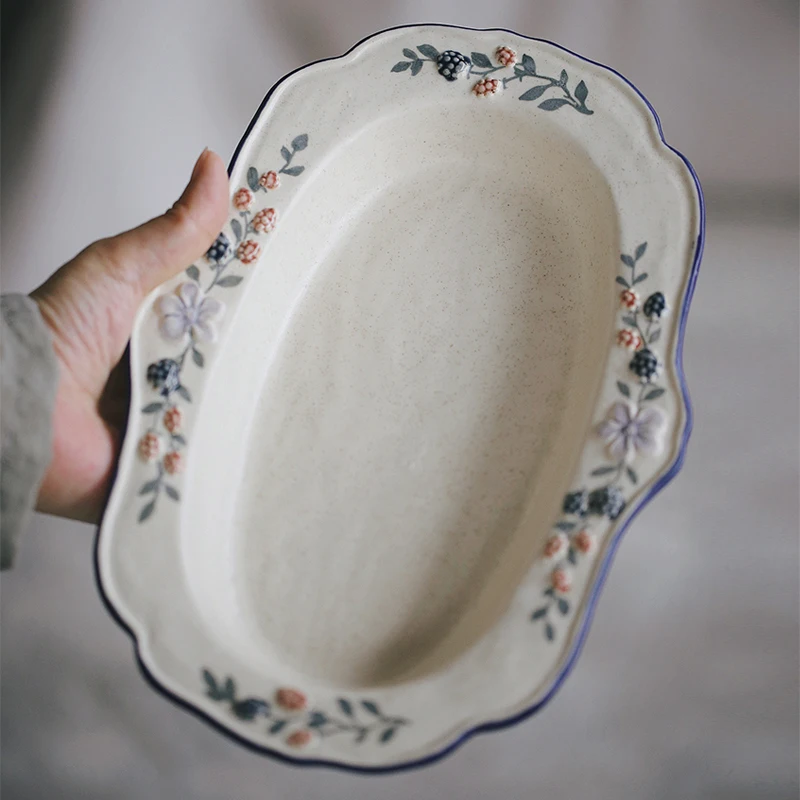 Zeteng Home Cerc Oval Lace Plate Deep Di Bread Fruit Dert Presentation Heavy Relief French Sle Diningware