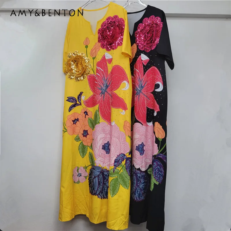

2025 Autumn New Women's Kawaii Y2k Clothes Dress Loose Rhinestone Print Slimming Vacation Style Long Dresses Beautiful Vestidos