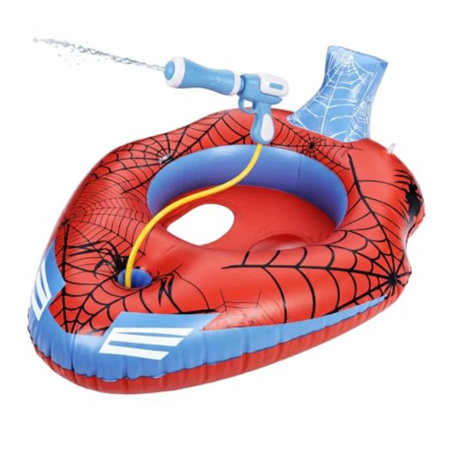 Spider-themed inflatable pool floats with water gun for kids ages 3-11, red and blue ship-shaped floaties, durable PVC, quick-i