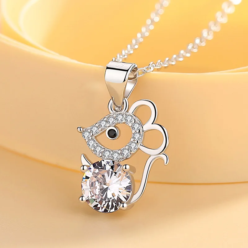 New Fashion Flash Crystal Little Mouse 925 Sterling Silver Jewelry Zodiac Exquisite Popular Animal Pendant Necklaces  XL168