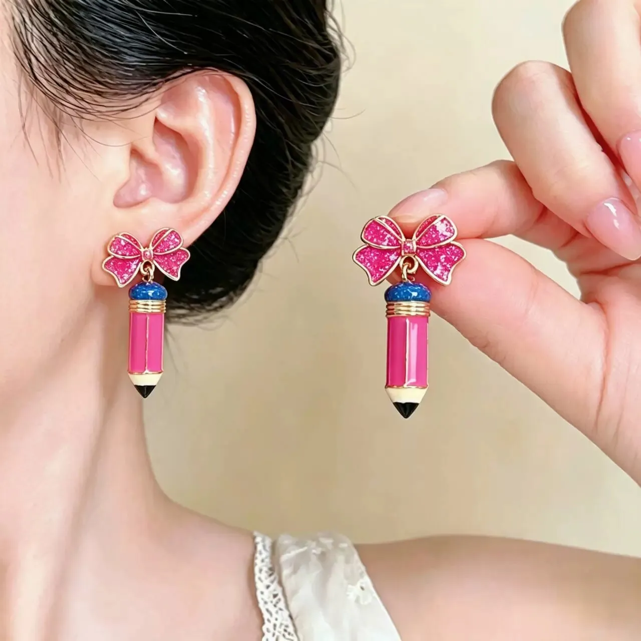 Vintage Color Blocking Cute Bow Pencil Drip Oil Earrings for Women School Season Teacher's Day Cartoon Earrings Party Jewelry