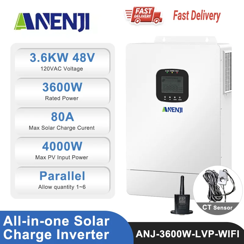 3.6KW 48V Hybrid Solar Inverter US Specifications on/Off-Grid MPPT 80A PV 300VDC Parallel Solar Charge Controller with WiFi
