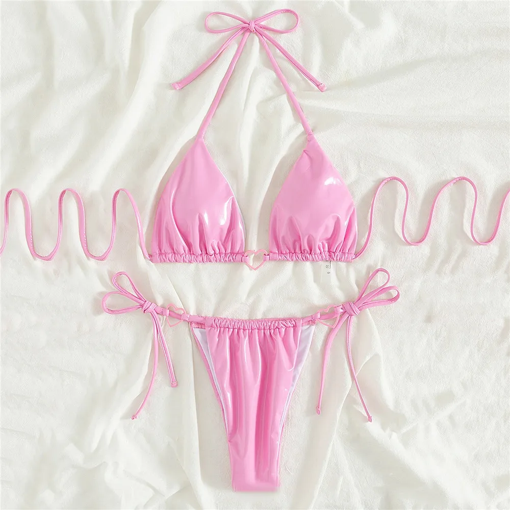

Розовый PU Холтер Стринги Треугольник Бикини Мини Микро Стринги Сексуальный Купальник Женщины 2025 Сердце Кольцо Купальники Купальный Костюм Комплекты Бикини