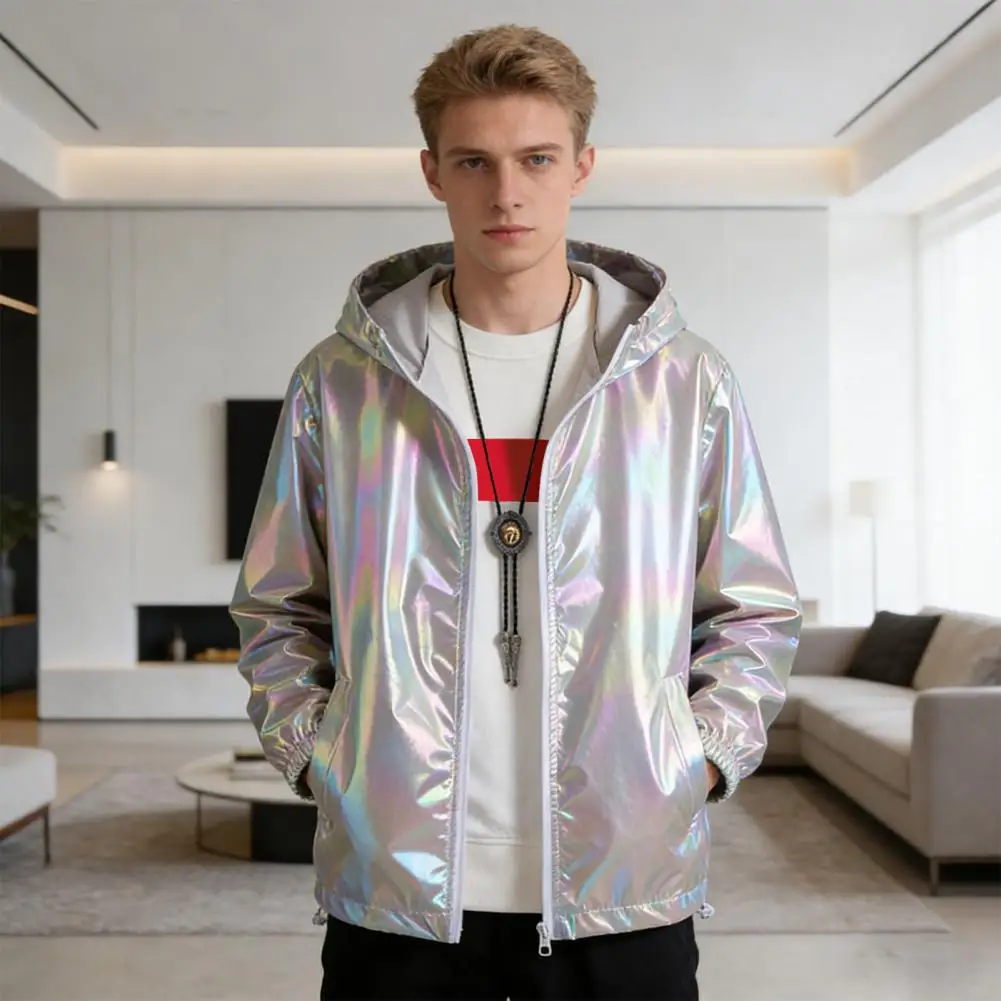 Men Jacket Glittery Reflective Panels Hooded Long Sleeve Zipper Closure Disco Coat With Decorative Cuffs Parties Nightclubs Wear