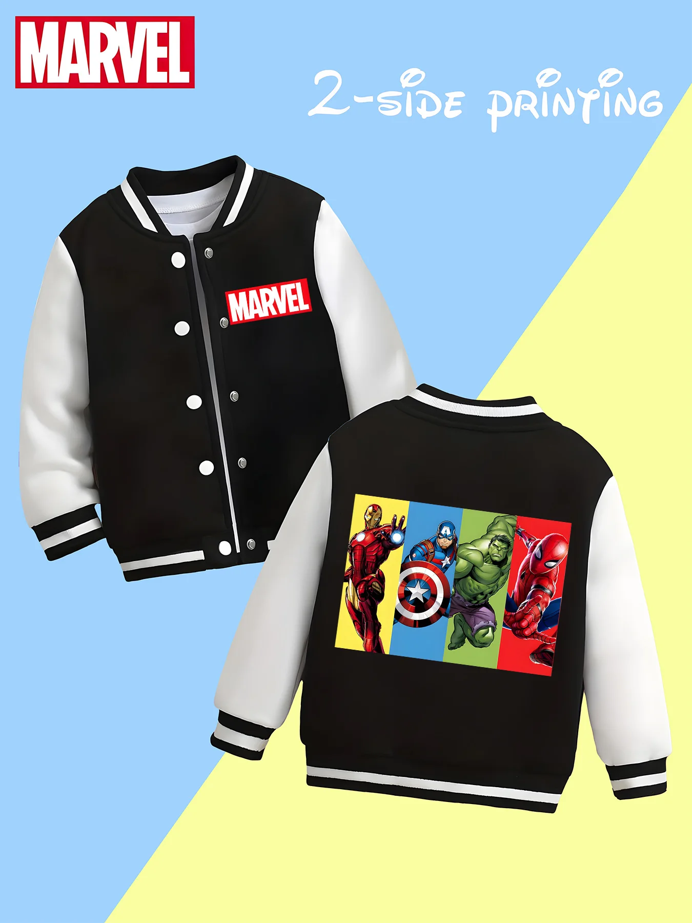 

MINISO Marvel Boys' Baseball Jacket - Avengers Hero Print, Double-sided Pattern, Comfortable Fabric, Black and White, Fashionabl