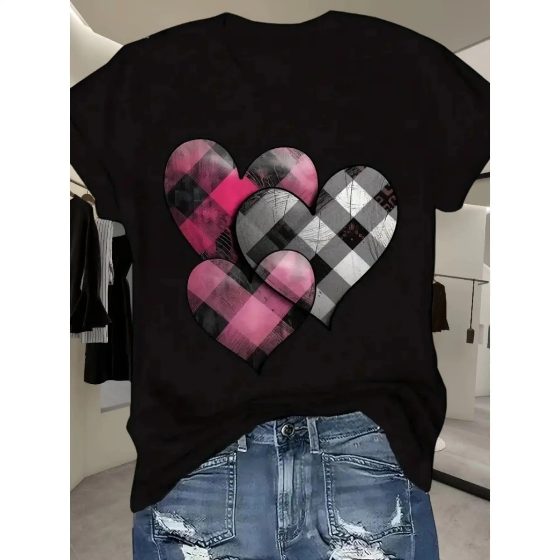 

Women'S Graphic T Shirt Heart Plaid Theme Casual Sporty Stylish T Shirt Breathable Moisture Wicking