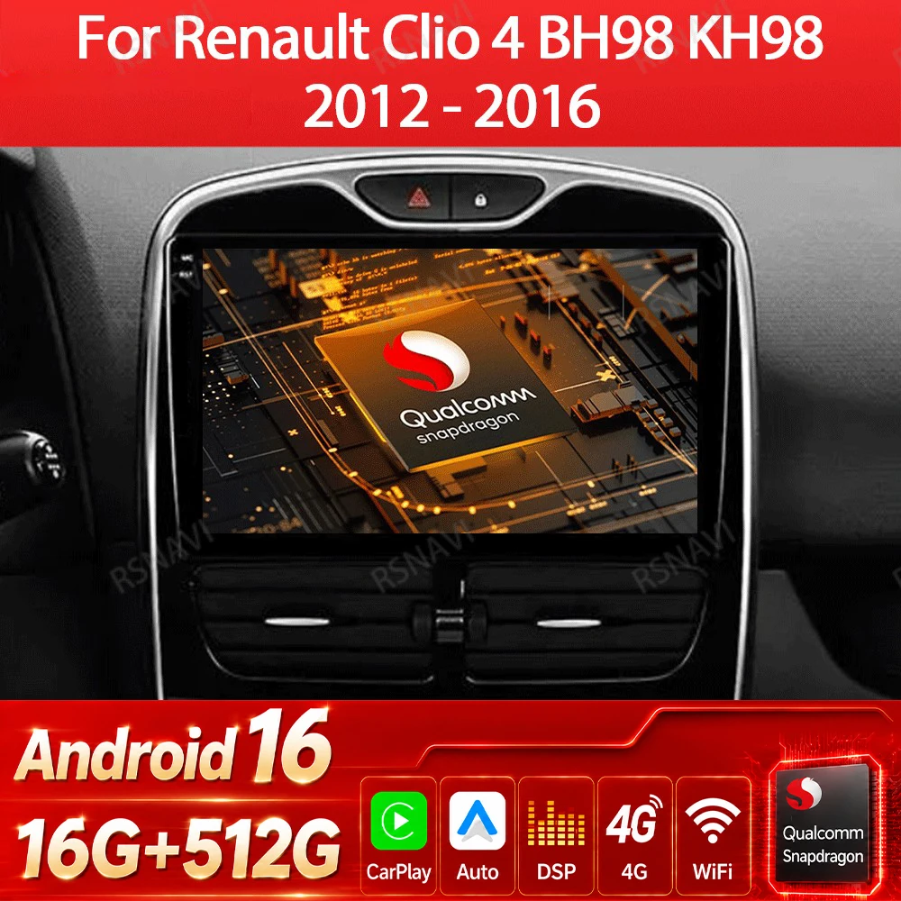 Android 16 CarPlay Auto For Renault Clio 3 4 2012 - 2018 Car Radio GPS Navigation Multimedia Stereo Video Player WIFI 4G BT QLED