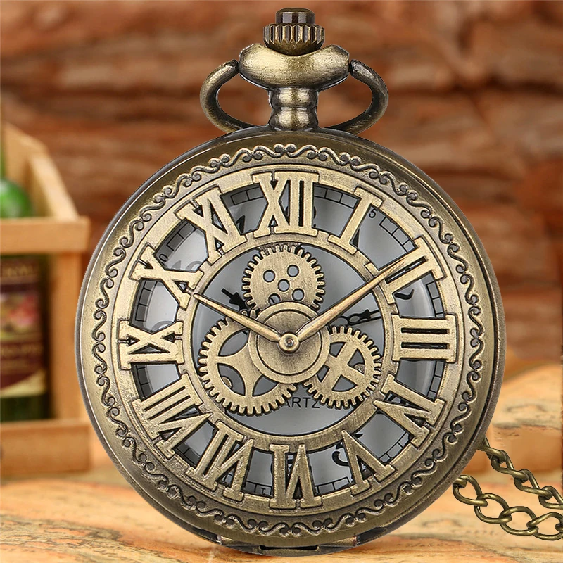 JOTimepiece-Montre de poche vintage avec couvercle d'engrenage évidé, boîtier à chiffres romains, mouvement à quartz, horloge avec collier, pendentif