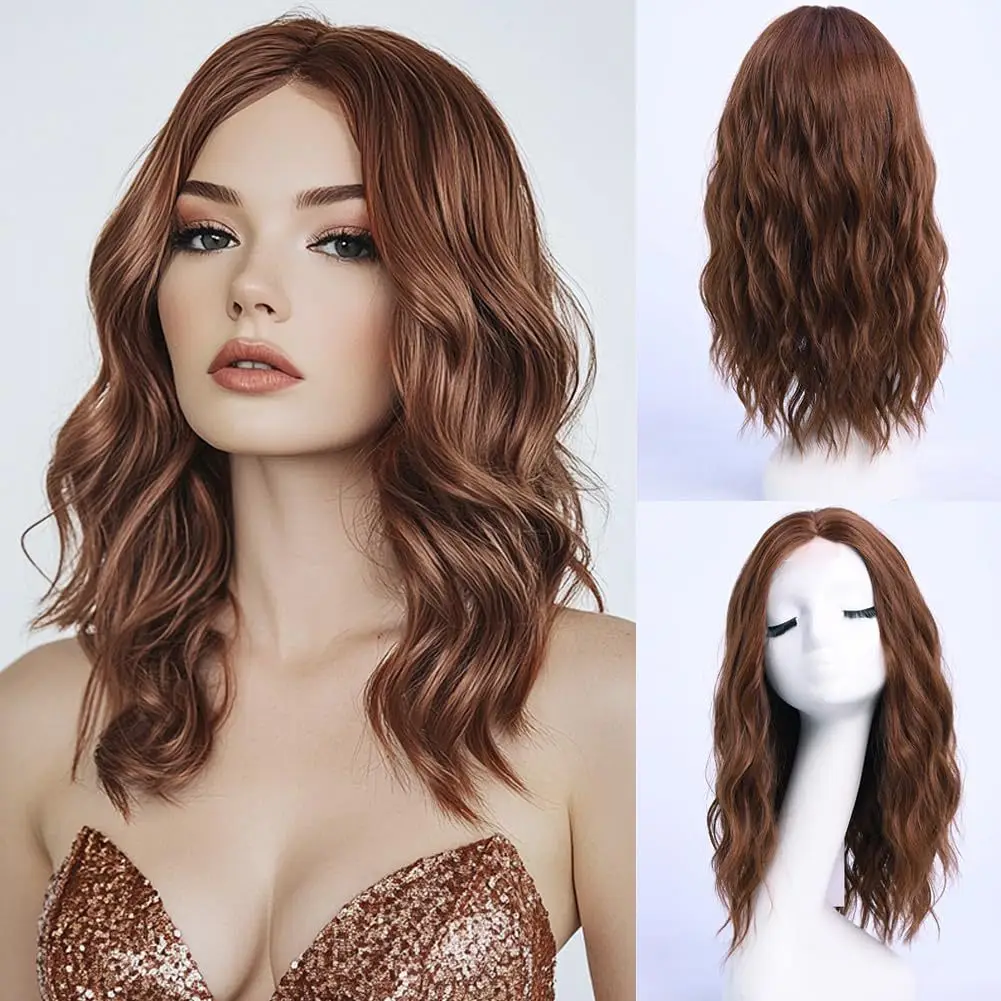 Medium Length Auburn Brown Wavy Wig, Synthetic Curly Hair, 16 Inch Heat Resistant Wig for Women Daily Use