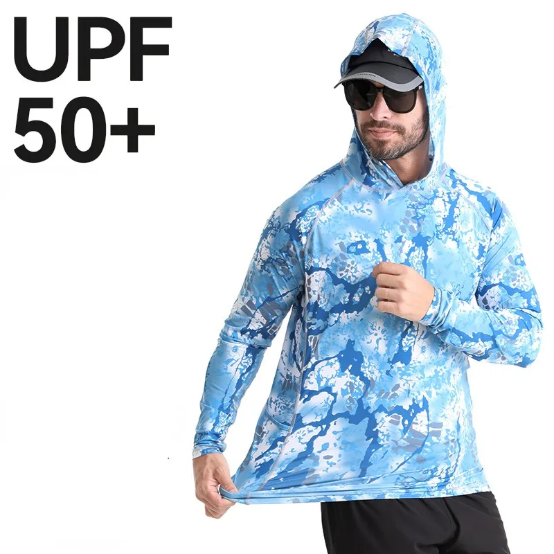 Summer Fishing Jersey UPF50+ Shirts for Men Long Sleeve Fishing Sun Protection Hooded Moisture Wicking Men's Fishing Apparel