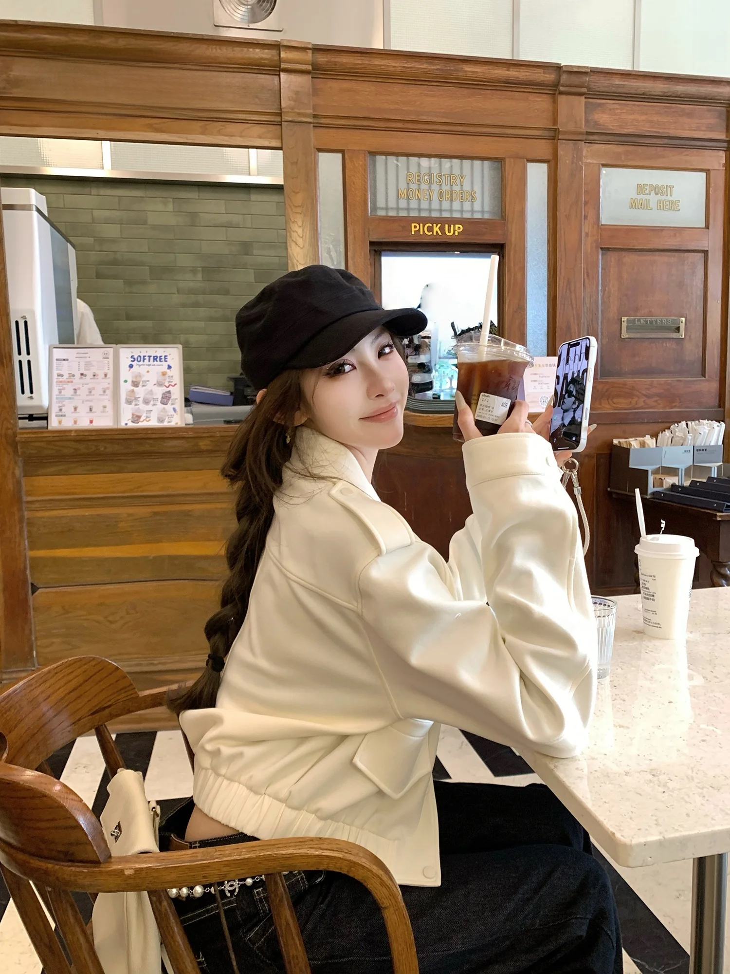 

F Project Vintage Sle Loose Fit ort Jaet with Waist Cinching Stand Collar Button Closure Long Sve Women's Coat