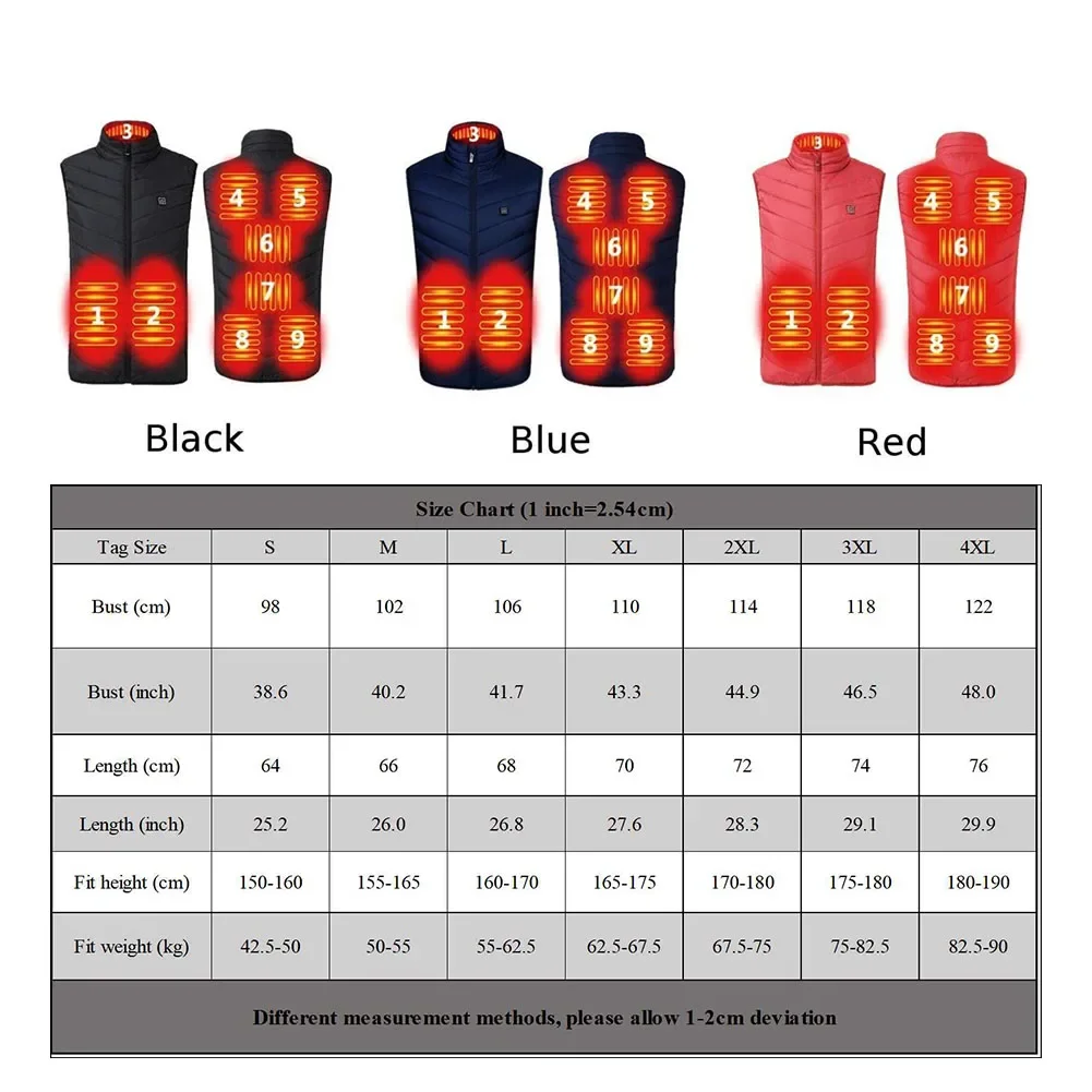 Gilet riscaldante elettrico a 9 aree Giacca riscaldata USB Gilet caldo da esterno Uomo Donna Bodywarmer Gilet invernale anti-freddo lavabile