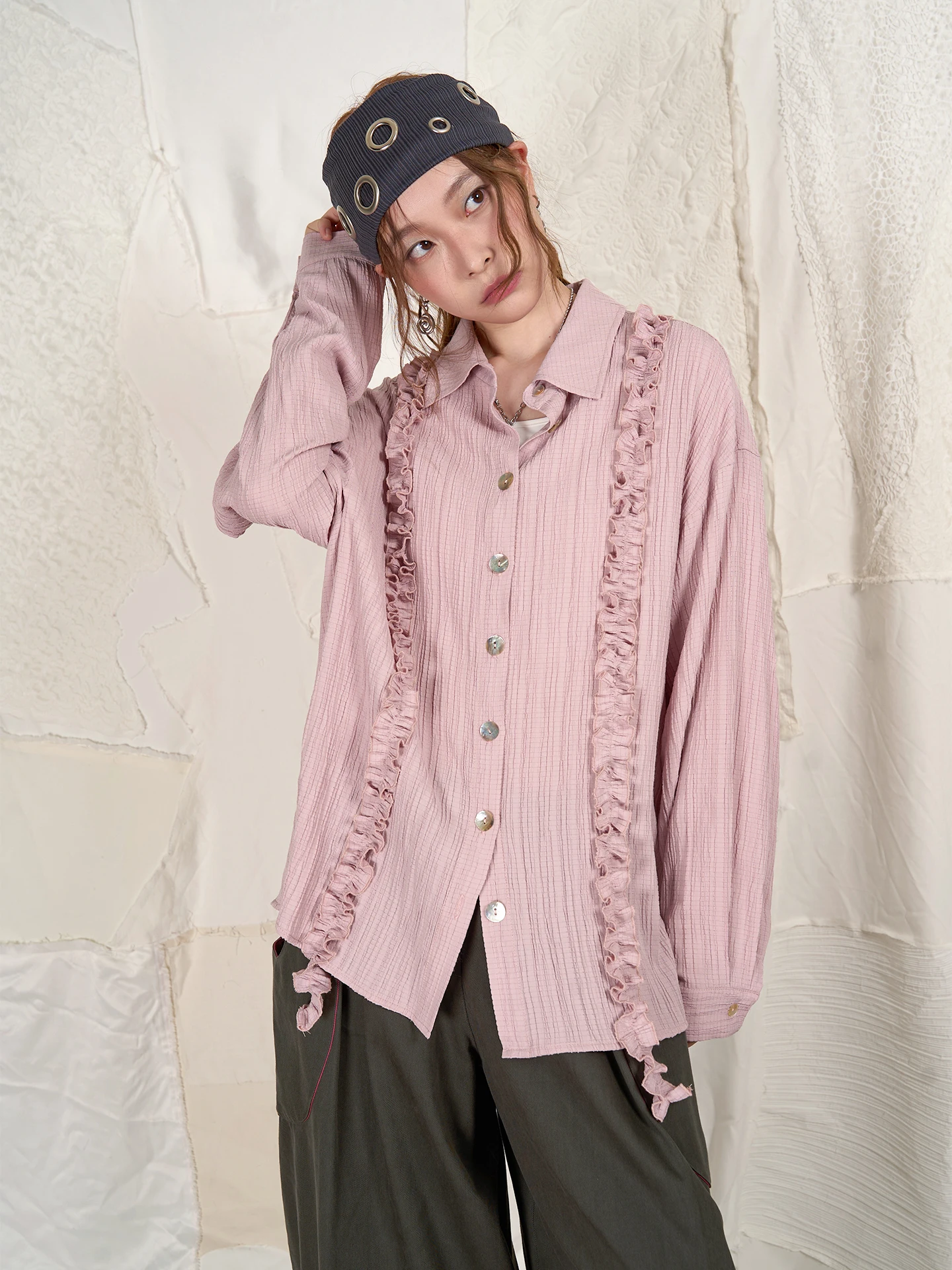 

Loose Women's irt HSUSE Original Design k Pattern Lace ell Button Casual Sle Cotton Polyester Blend Long Sve Top