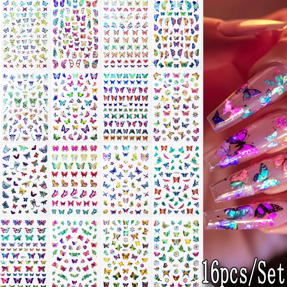 16pcs/Set Holographic Colorful Butterfly Flower Nail Stickers Iridescent Hollow Laser Butterfly Adhesive Decals Y2K Manicure Dec