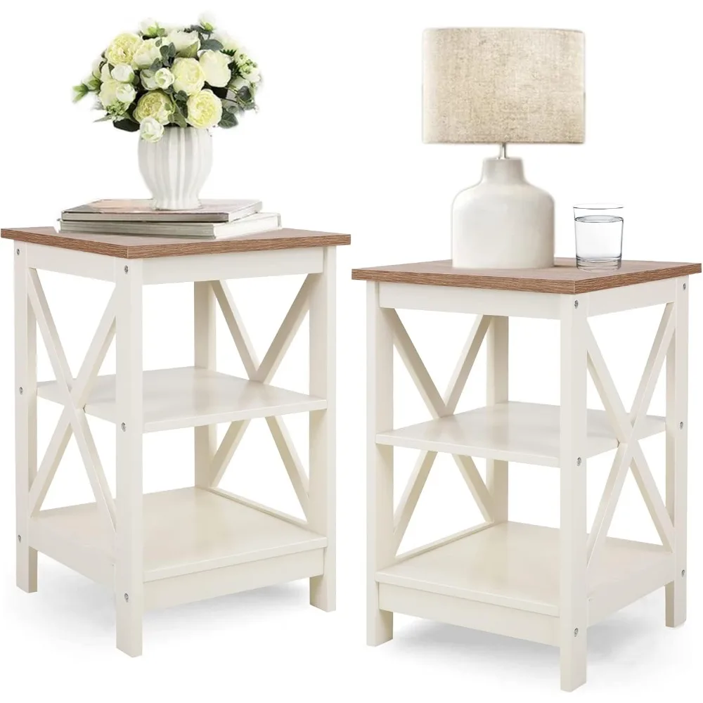 

End Table Living Room Set of 2 - Farmhouse Bed Side Table Nightstands for Bedroom, Ivory White Small Side Table